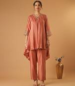 Coral embroidered chanderi kurta set with tissue dupatta