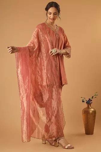 Coral embroidered chanderi kurta set with tissue dupatta