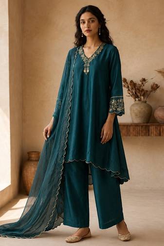 Teal embroidered chanderi kurta set with tissue dupatta