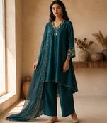 Teal embroidered chanderi kurta set with tissue dupatta