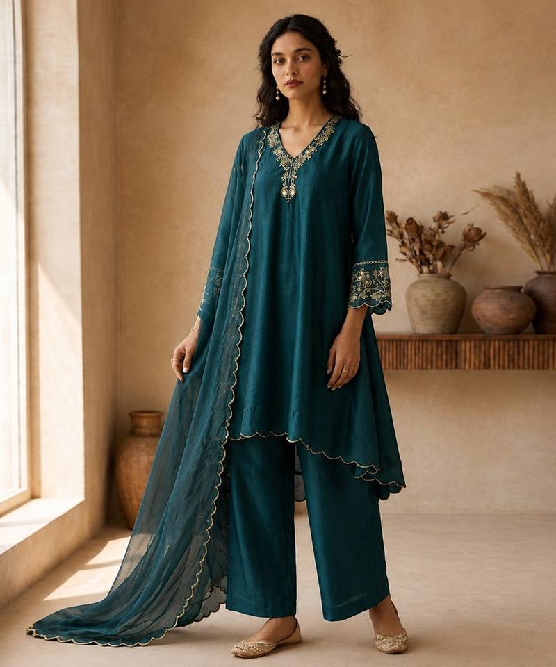Teal embroidered chanderi kurta set with tissue dupatta