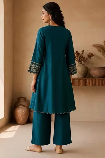 Teal embroidered chanderi kurta set with tissue dupatta