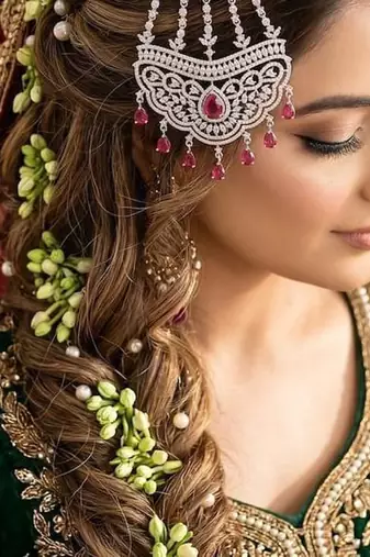 Silver Finish Ruby Red CZ Bridal Passa Jhumar, Pakistani Wedding Jewelry