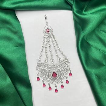 Silver Finish Ruby Red CZ Bridal Passa Jhumar, Pakistani Wedding Jewelry 2