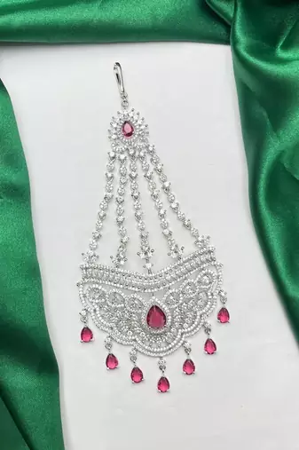 Silver Finish Ruby Red CZ Bridal Passa Jhumar, Pakistani Wedding Jewelry