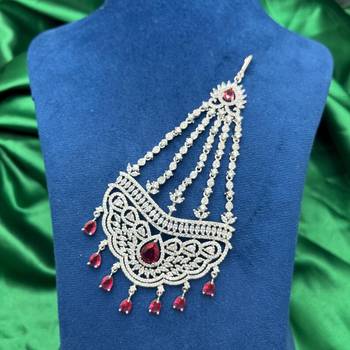 Silver Finish Ruby Red CZ Bridal Passa Jhumar, Pakistani Wedding Jewelry 3