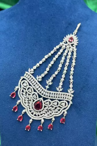 Silver Finish Ruby Red CZ Bridal Passa Jhumar, Pakistani Wedding Jewelry