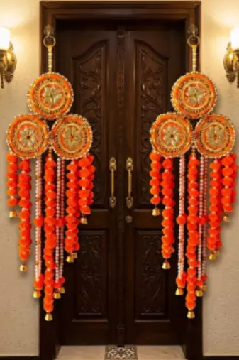 handmade genda florel pearl door hanging decorative wall hanging for home temple wedding festival decor (pack of 2)