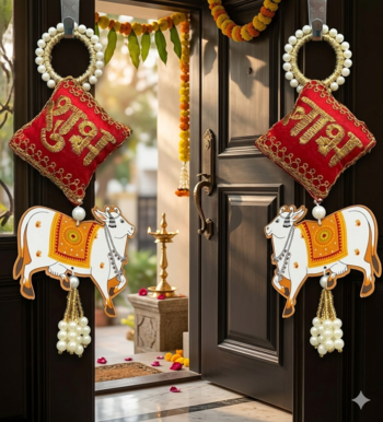 decorative shubh nandi cow pearl hanging for home entrance mandir wall decor traditional decoration (pack of 2) 1