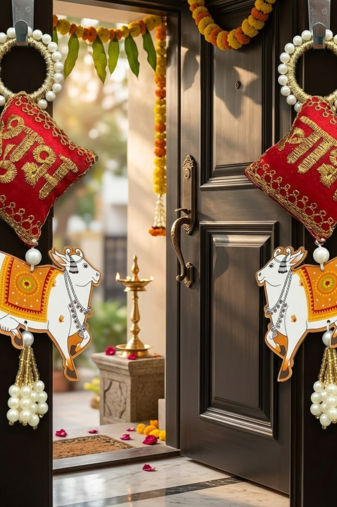 decorative shubh nandi cow pearl hanging for home entrance mandir wall decor traditional decoration (pack of 2)