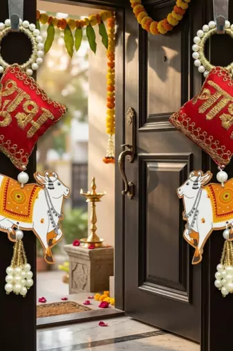 decorative shubh nandi cow pearl hanging for home entrance mandir wall decor traditional decoration (pack of 2)