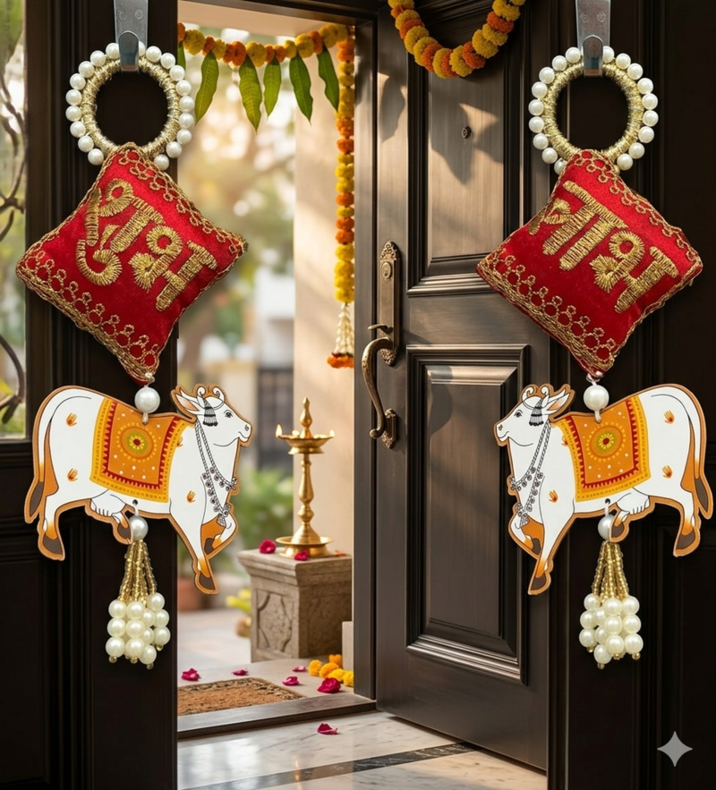 decorative shubh nandi cow pearl hanging for home entrance mandir wall decor traditional decoration (pack of 2)