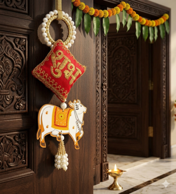 decorative shubh nandi cow pearl hanging for home entrance mandir wall decor traditional decoration (pack of 2) 2