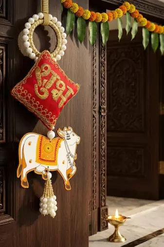 decorative shubh nandi cow pearl hanging for home entrance mandir wall decor traditional decoration (pack of 2)