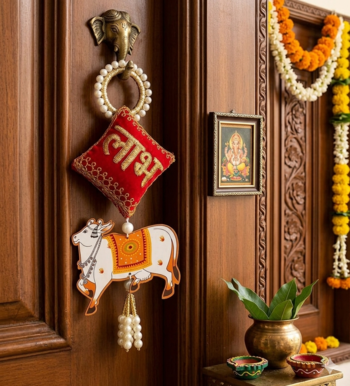 decorative shubh nandi cow pearl hanging for home entrance mandir wall decor traditional decoration (pack of 2) 3