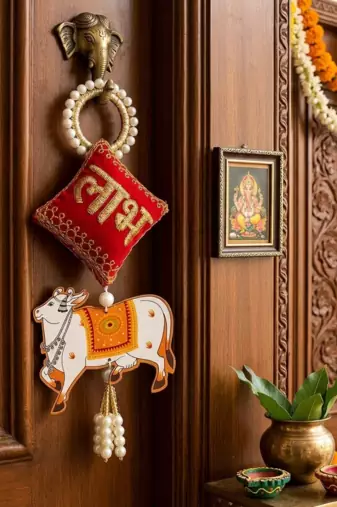 decorative shubh nandi cow pearl hanging for home entrance mandir wall decor traditional decoration (pack of 2)