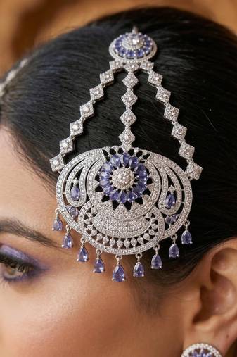 Royal Lavender Tanzanite Passa Jhumar: Silver-Plated Cubic Zirconia Bridal Tikka