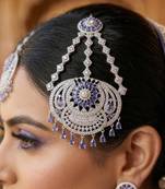 Royal Lavender Tanzanite Passa Jhumar: Silver-Plated Cubic Zirconia Bridal Tikka