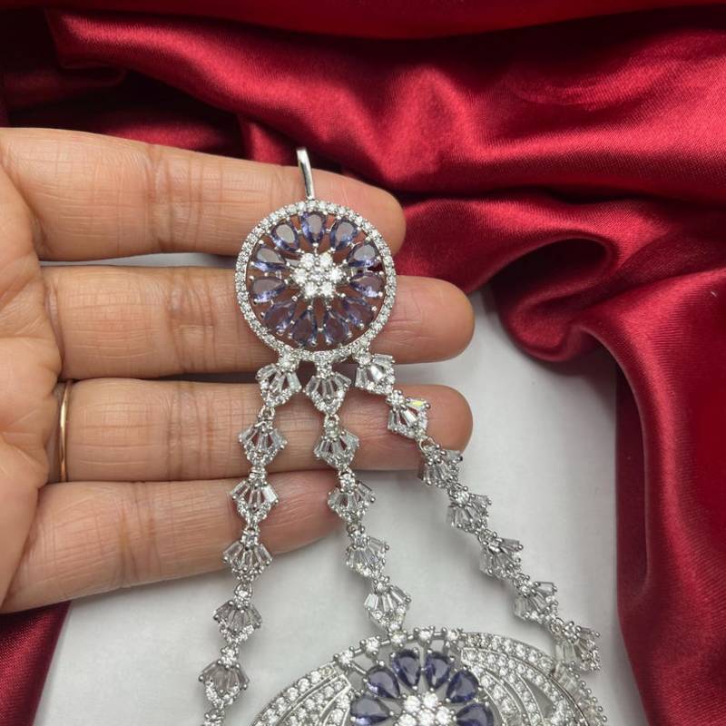 Royal Lavender Tanzanite Passa Jhumar: Silver-Plated Cubic Zirconia Bridal Tikka
