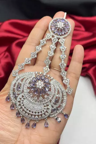 Royal Lavender Tanzanite Passa Jhumar: Silver-Plated Cubic Zirconia Bridal Tikka
