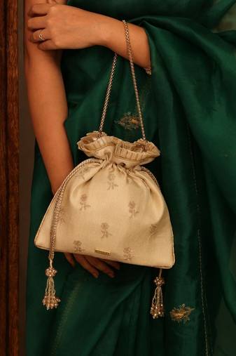 Beige georgette beaded satin potli bag