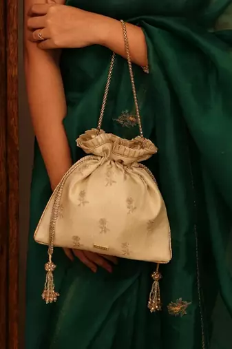 Beige georgette beaded satin potli bag