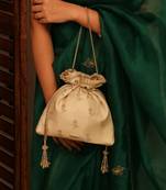 Beige georgette beaded satin potli bag