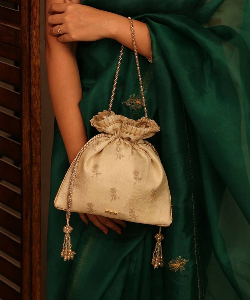 Beige georgette beaded satin potli bag