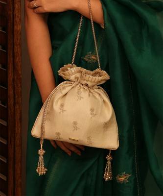 Beige georgette beaded satin potli bag 2