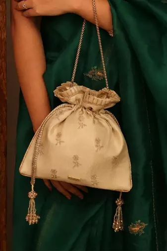 Beige georgette beaded satin potli bag