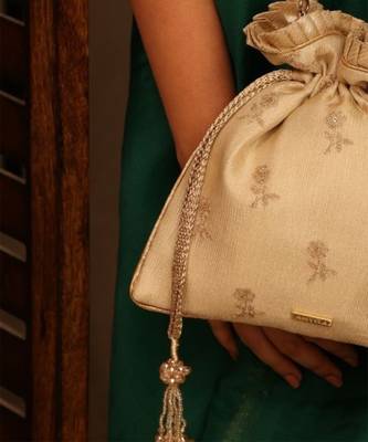 Beige georgette beaded satin potli bag 3