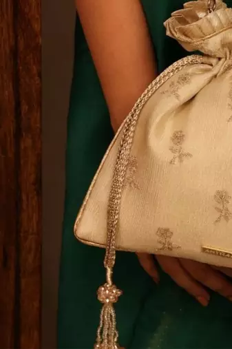 Beige georgette beaded satin potli bag