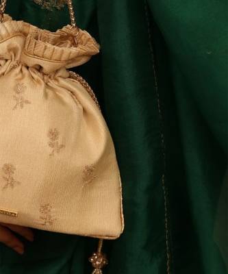 Beige georgette beaded satin potli bag 4