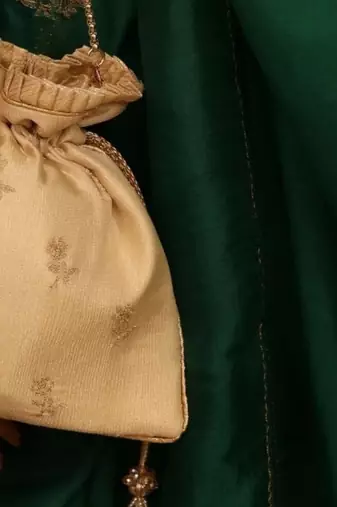 Beige georgette beaded satin potli bag