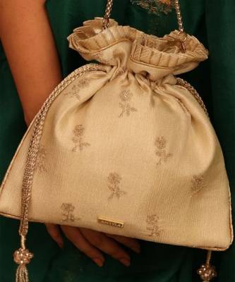 Beige georgette beaded satin potli bag 5