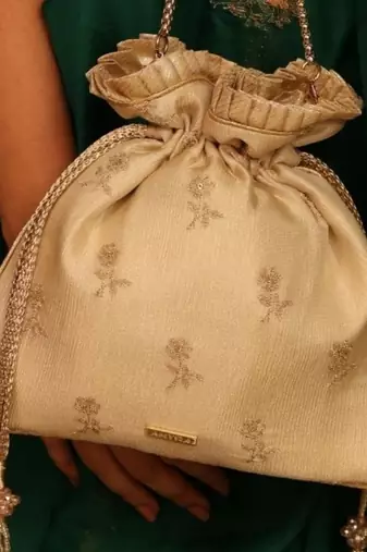 Beige georgette beaded satin potli bag