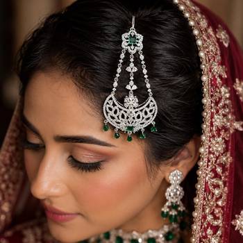 Silver Finish Emerald Green Jhumar Passa, Cubic Zirconia Bridal Headpiece, Indian Wedding Side Tikka 1
