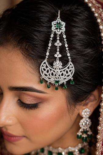Silver Finish Emerald Green Jhumar Passa, Cubic Zirconia Bridal Headpiece, Indian Wedding Side Tikka