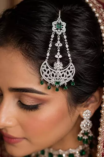 Silver Finish Emerald Green Jhumar Passa, Cubic Zirconia Bridal Headpiece, Indian Wedding Side Tikka