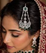 Silver Finish Emerald Green Jhumar Passa, Cubic Zirconia Bridal Headpiece, Indian Wedding Side Tikka