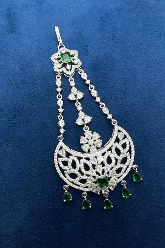 Silver Finish Emerald Green Jhumar Passa, Cubic Zirconia Bridal Headpiece, Indian Wedding Side Tikka