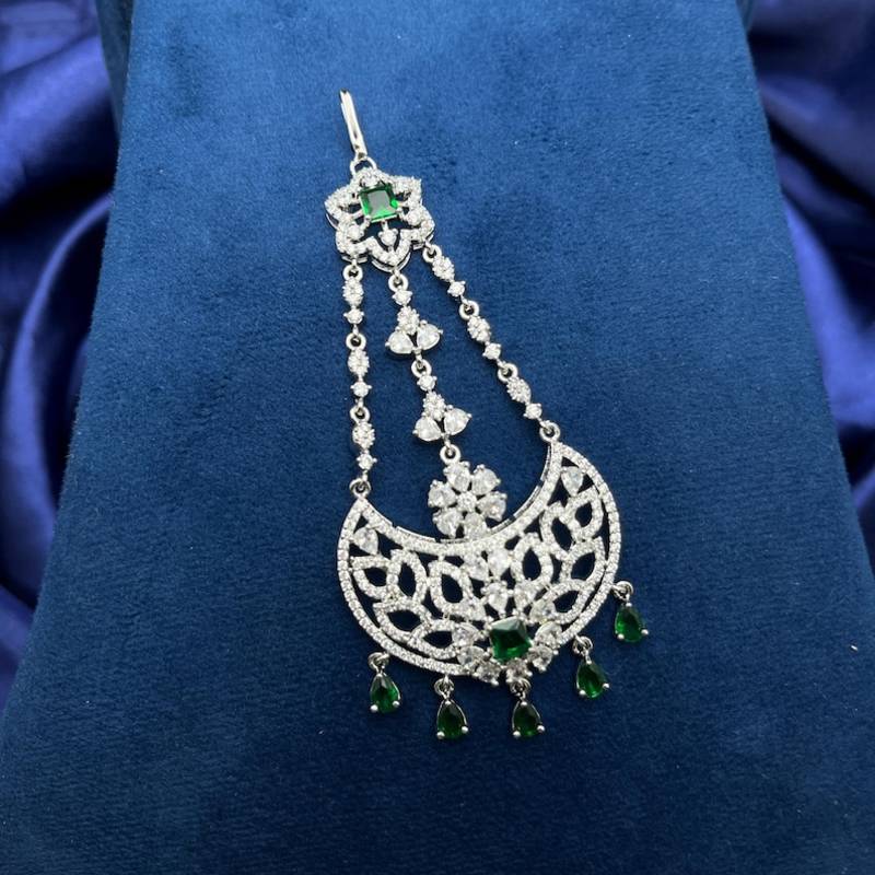 Silver Finish Emerald Green Jhumar Passa, Cubic Zirconia Bridal Headpiece, Indian Wedding Side Tikka