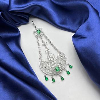 Silver Finish Emerald Green Jhumar Passa, Cubic Zirconia Bridal Headpiece, Indian Wedding Side Tikka 3