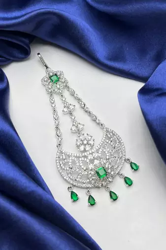 Silver Finish Emerald Green Jhumar Passa, Cubic Zirconia Bridal Headpiece, Indian Wedding Side Tikka