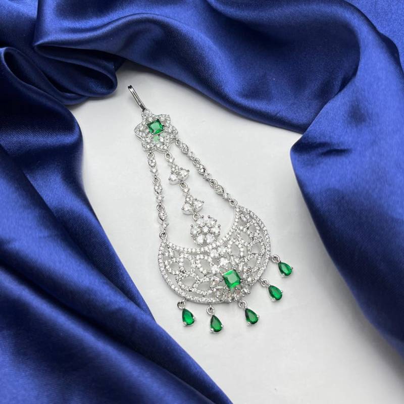 Silver Finish Emerald Green Jhumar Passa, Cubic Zirconia Bridal Headpiece, Indian Wedding Side Tikka