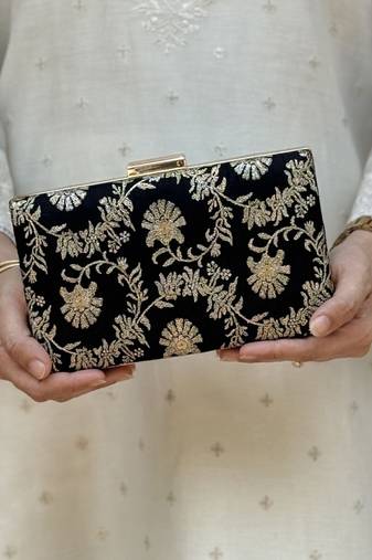 Black silk metallic clutch