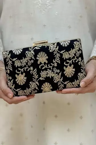 Black silk metallic clutch