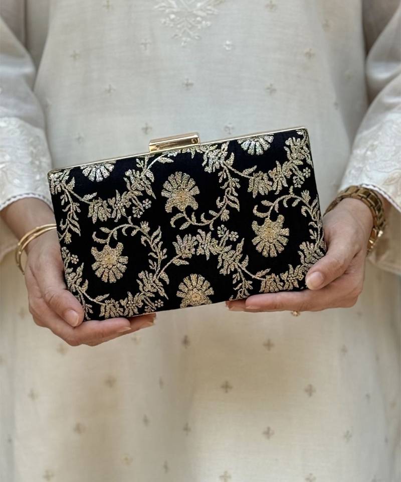 Black silk metallic clutch