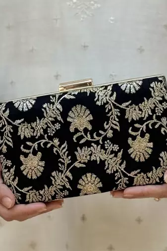 Black silk metallic clutch