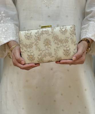 Beige silk metallic clutch 1